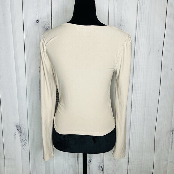 Planet Gold Wrap Front Top Shirt Light Brown Long Sleeve Sz M Scrunch Side - Picture 6 of 8